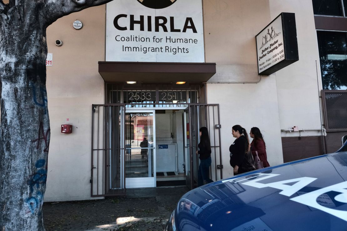 People arrive at the CHIRLA office in Los Angeles on April 10, 2019.