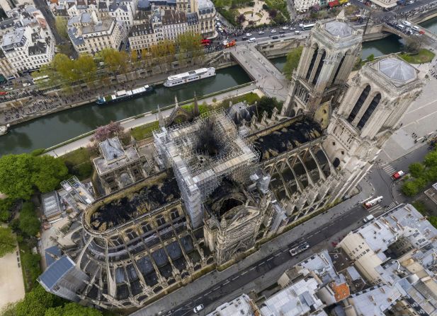 An aerial view shows the widespread damage to the cathedral in April 2019. Before the fire, the roof was nicknamed “the forest” because it was made with oak trees from across France. It was the epicenter of the blaze before it collapsed, according to the French government.