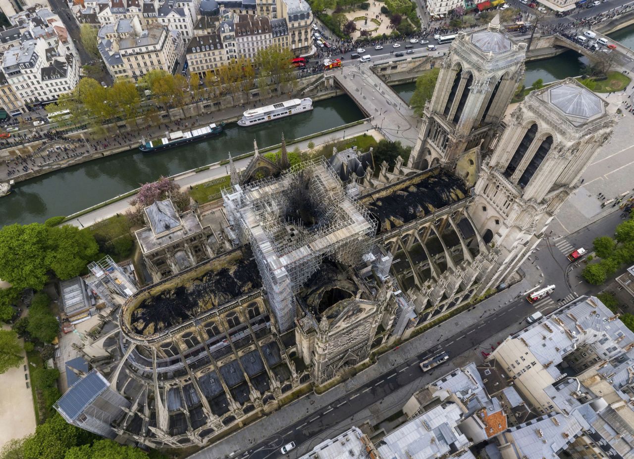 An image made available by Gigarama.ru on Wednesday April 17, 2019 shows an aerial shot of the fire damage to Notre Dame cathedral in Paris on Tuesday April 16.