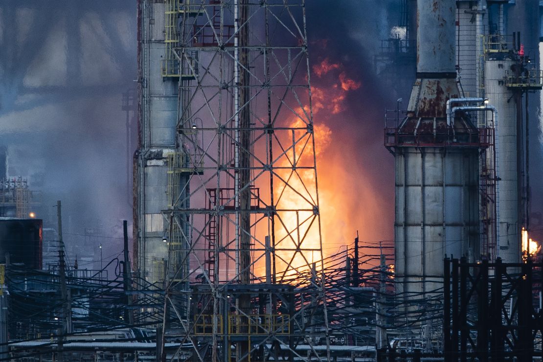 Flames and smoke emerge from the Philadelphia Energy Solutions Refining Complex in Philadelphia on June 21, 2019. (AP Photo/Matt Rourke)