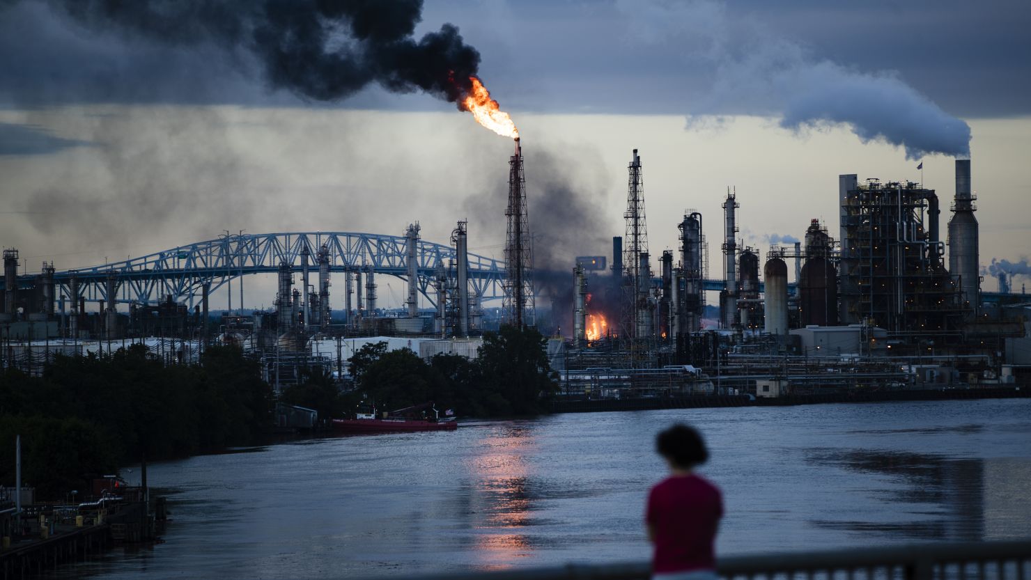 Flames and smoke emerge from the Philadelphia Energy Solutions Refining Complex in Philadelphia, on June 21, 2019.