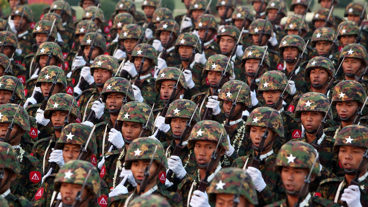 Myanmar military officers march during a parade to mark the 74th Armed Forces Day in Naypyitaw, Myanmar on March 27, 2019.