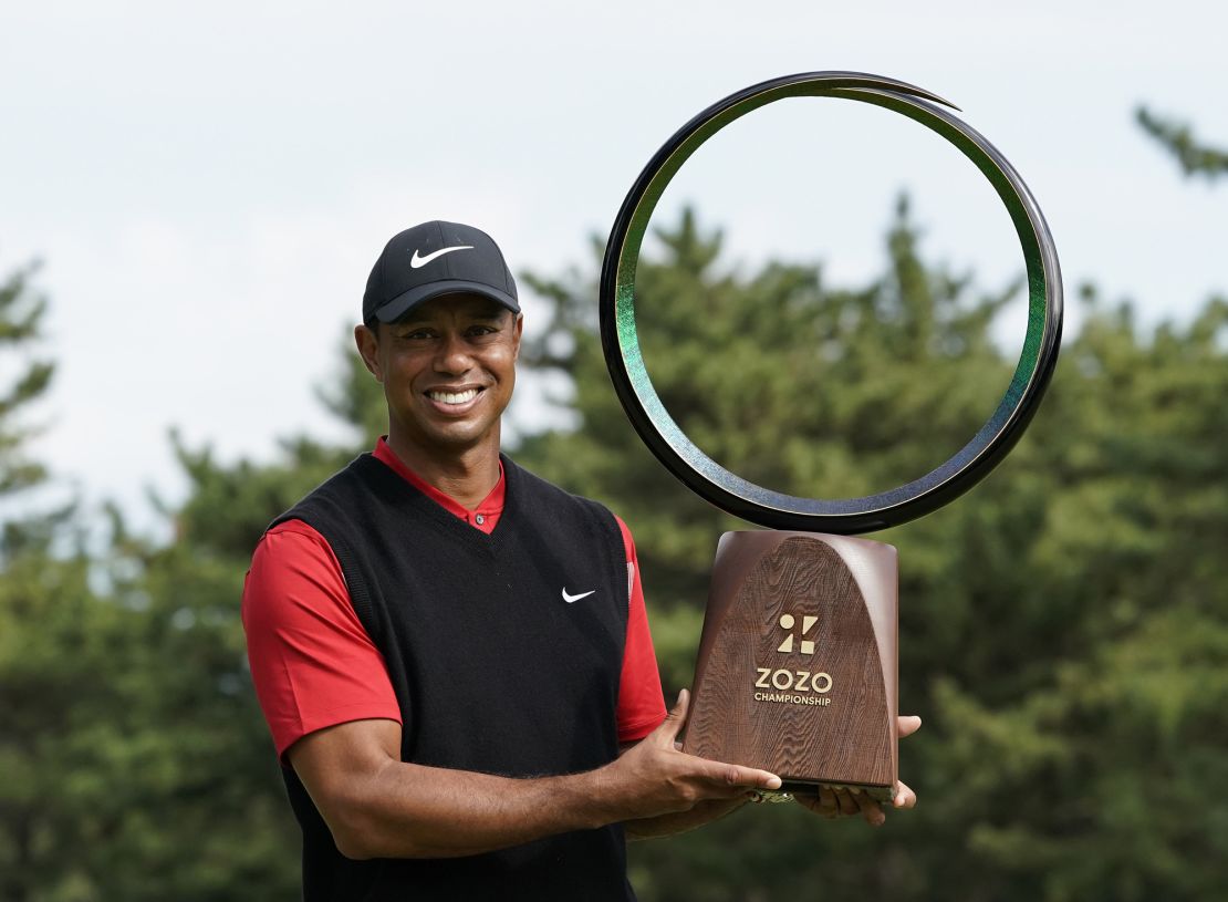 Woods celebrates his most recent PGA Tour victory at the 2019 Zozo Championship in Inzai, Japan.