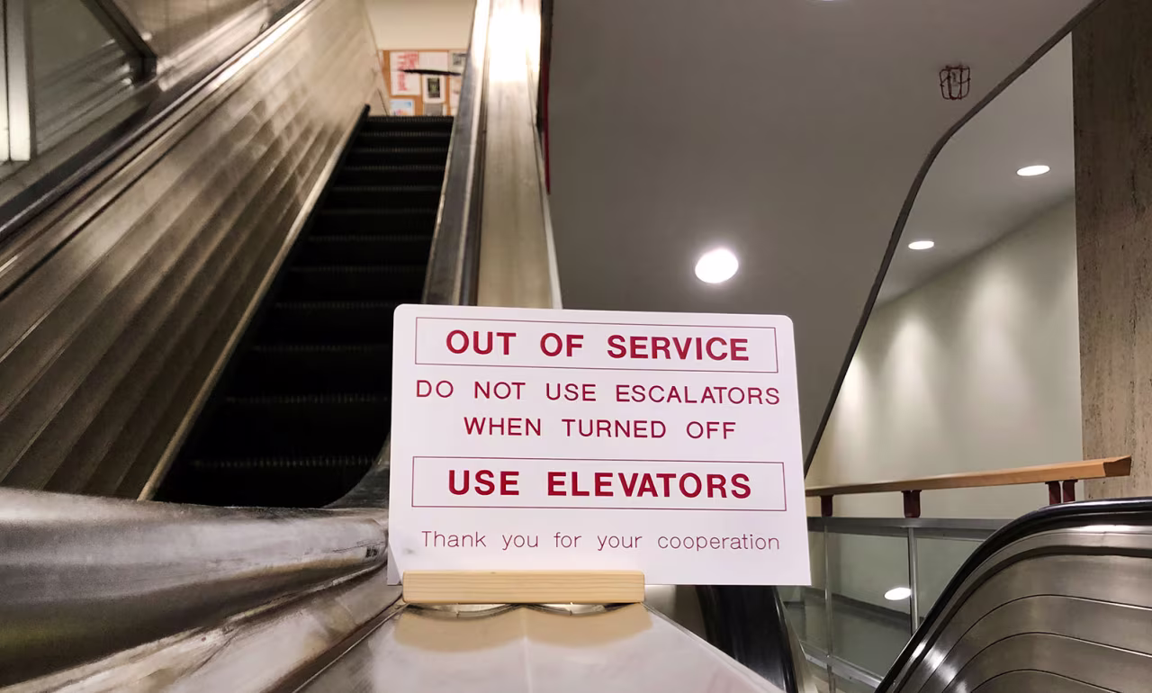 An escalator in the main building of the United Nations UN is corded off.