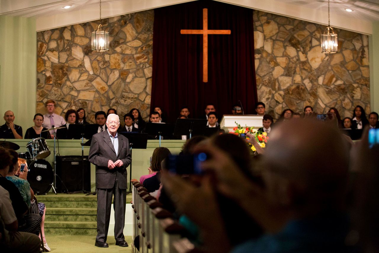 Former President Jimmy Carter teaches a Sunday School class at Maranatha Baptist Church in his hometown of Plains, Georgia, on August 23, 2015.