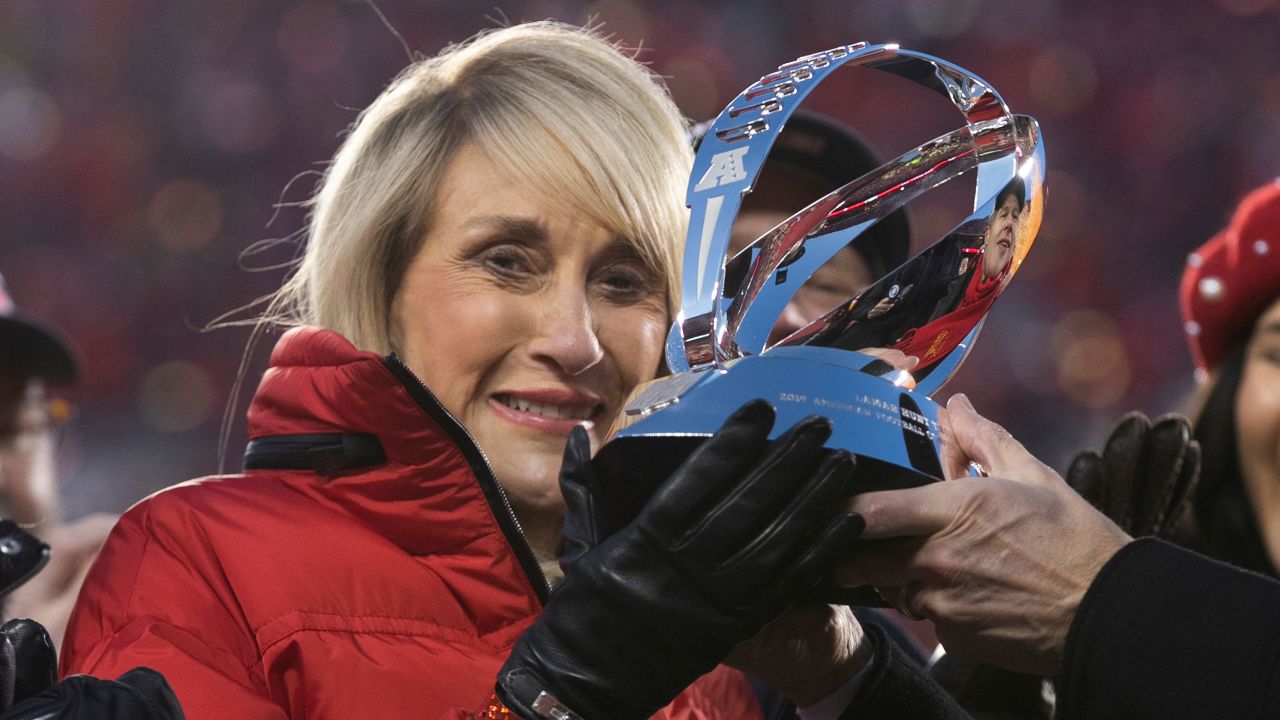 Kansas City Chiefs owner Norma Hunt holds the Lamar Hunt trophy against the Tennessee Titans after the NFL AFC Championship football game, Sunday, Jan. 19, 2020, in Kansas City, MO. (Perry Knotts via AP)