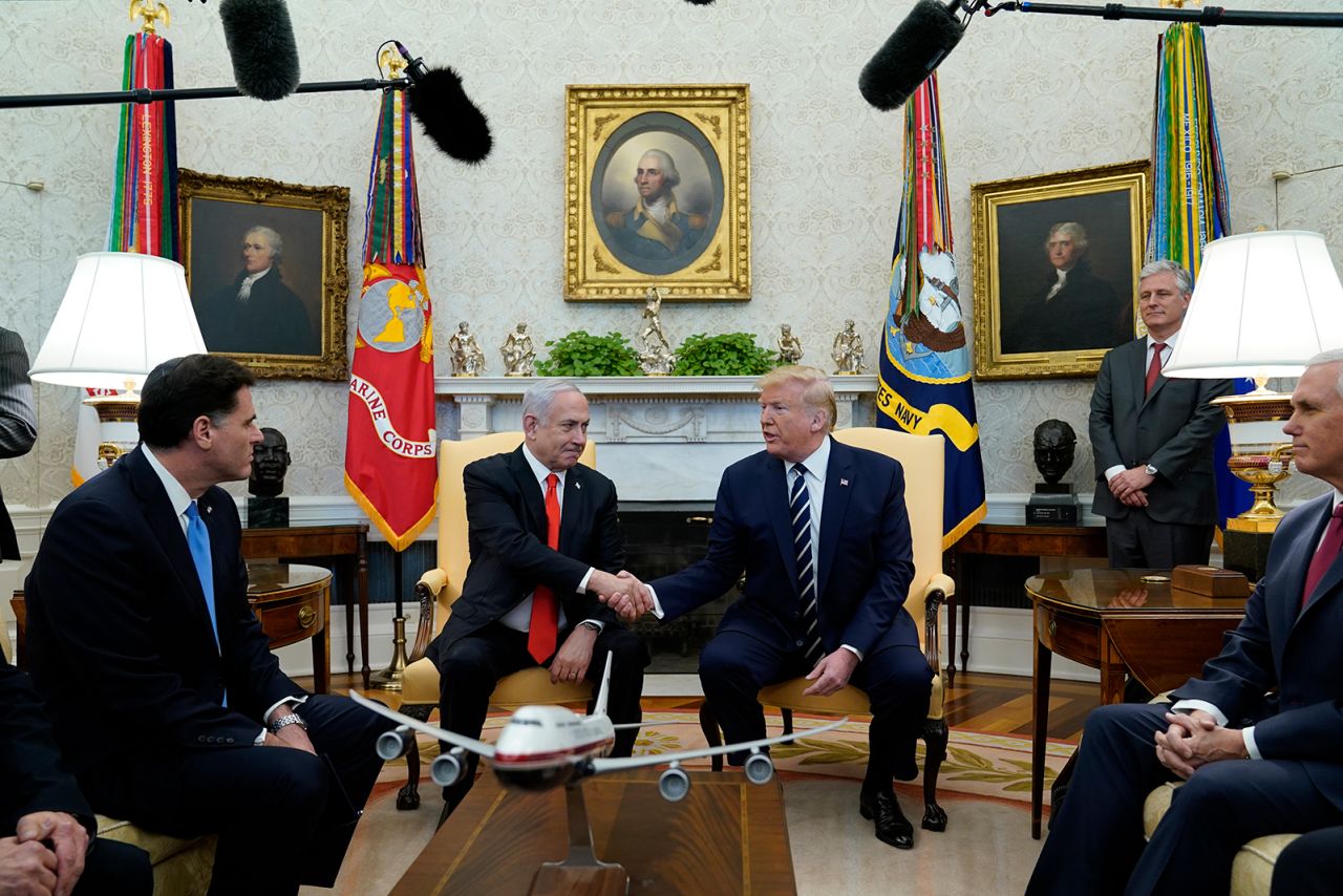 In this January 2020 photo, President Donald Trump and Israeli Prime Minister Benjamin Netanyahu meet in the Oval Office of the White House in Washington, DC.