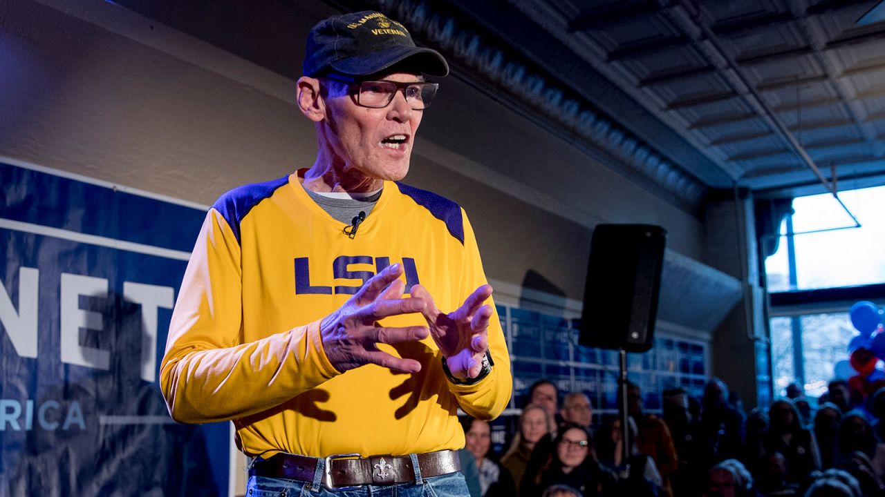 James Carville, a political commentator known for leading former President Bill Clinton's 1992 presidential campaign, speaks before introducing Democratic presidential candidate Sen. Michael Bennet, D-Colo., at a campaign stop at the Spotlight Room at the Palace, Saturday, Feb. 8, 2020, in Manchester, N.H. (AP Photo/Andrew Harnik)