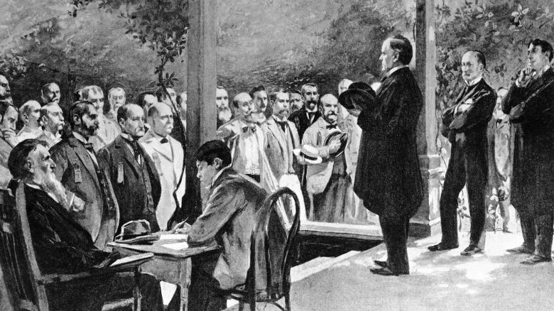 This drawing shows Major William McKinley, the presidential nominee for the Republican Party, make an elaborate front-porch campaign speech at his home in Canton, Ohio in 1896.   In the nation's early decades, campaigning for oneself simply wasn't done. It was seen as rude and uncivil. But three Ohio-born presidents, beginning with James Garfield in 1880, found a clever way to sidestep tradition. They stumped from their front porches. (AP Photo, File)