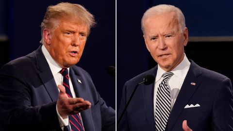 This combination of September 2020 file photos shows Donald Trump, left, and Joe Biden during the first presidential debate at Case Western University and Cleveland Clinic, in Cleveland, Ohio.