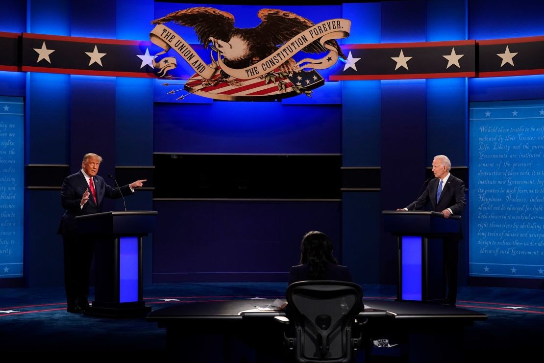 In this 2020 photo, then-President Donald Trump, left, points towards then-Democratic presidential candidate former Vice President Joe Biden, right, during the second and final presidential debate at Belmont University in Nashville.