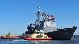 In this 2014 file photo, the guided-missile cruiser USS Philippine Sea leaves Naval Station Mayport in Mayport, Florida. The USS Philippine Sea assisted in the rescue of the crew of the M/V Tutor, a civilian cargo ship struck by Houthi militants in the North Sea. One civilian mariner remains missing.