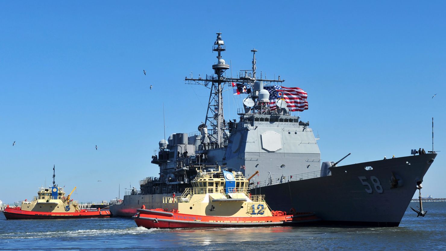 The guided-missile cruiser USS Philippine Sea in a 2014 file photo. The USS Philippine Sea assisted in the rescue of the crew of the M/V Tutor, a cargo ship struck by Houthi militants in the Red Sea.