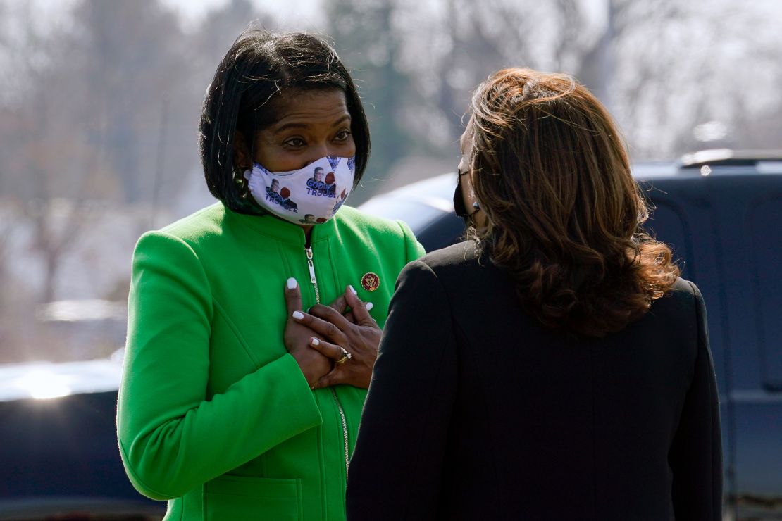 Connecticut Rep. Jahana Hayes talks with Harris in New Haven on March 26, 2021.