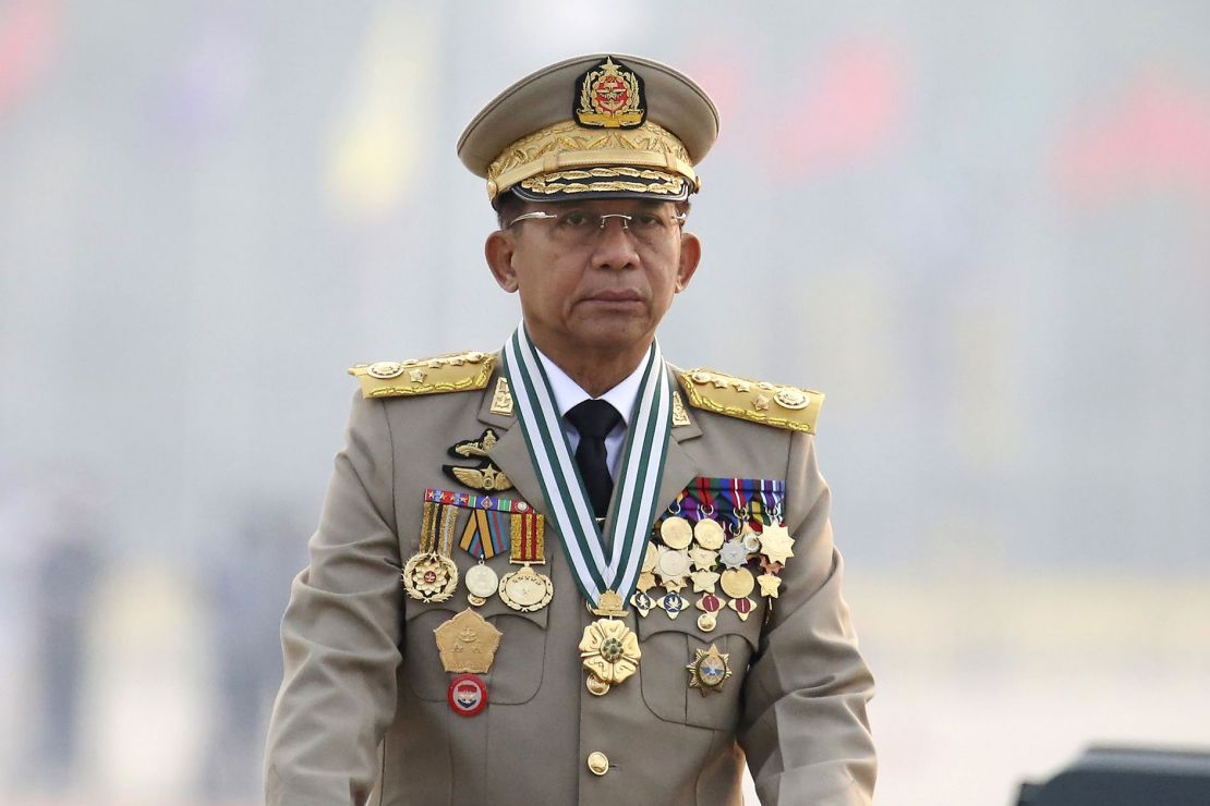 Myanmar's military commander-in-chief Sen. Gen. Min Aung Hlaing at an army parade in 2021