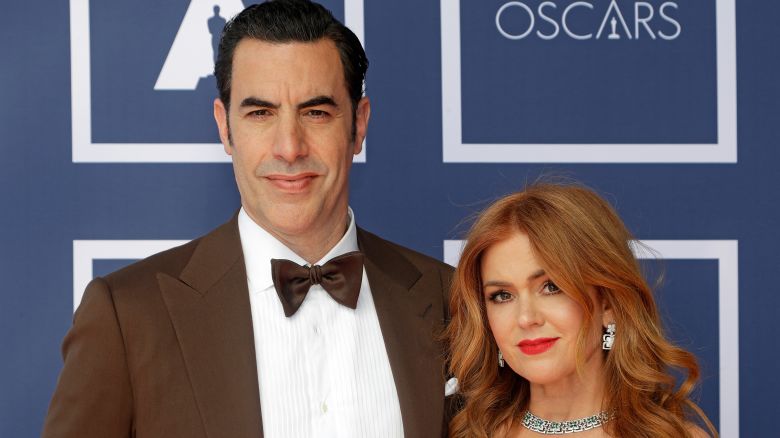 Sacha Baron Cohen and Isla Fisher attend a screening of the Oscars on Monday April 26, 2021 in Sydney, Australia.
