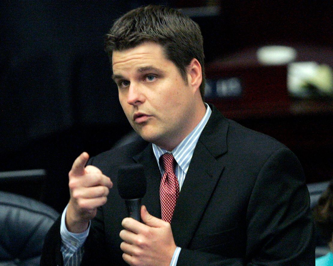 In this May 1, 2014 photo, Florida state Rep. Matt Gaetz answers questions about the medical marijuana bill during session in Tallahassee.