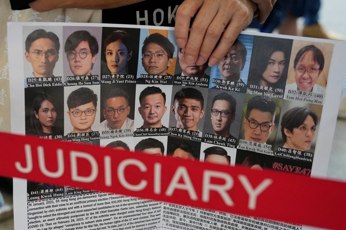 A supporter holds a placard with the photos of some of the 47 pro-democracy defendants outside a court in Hong Kong on July 8, 2021.