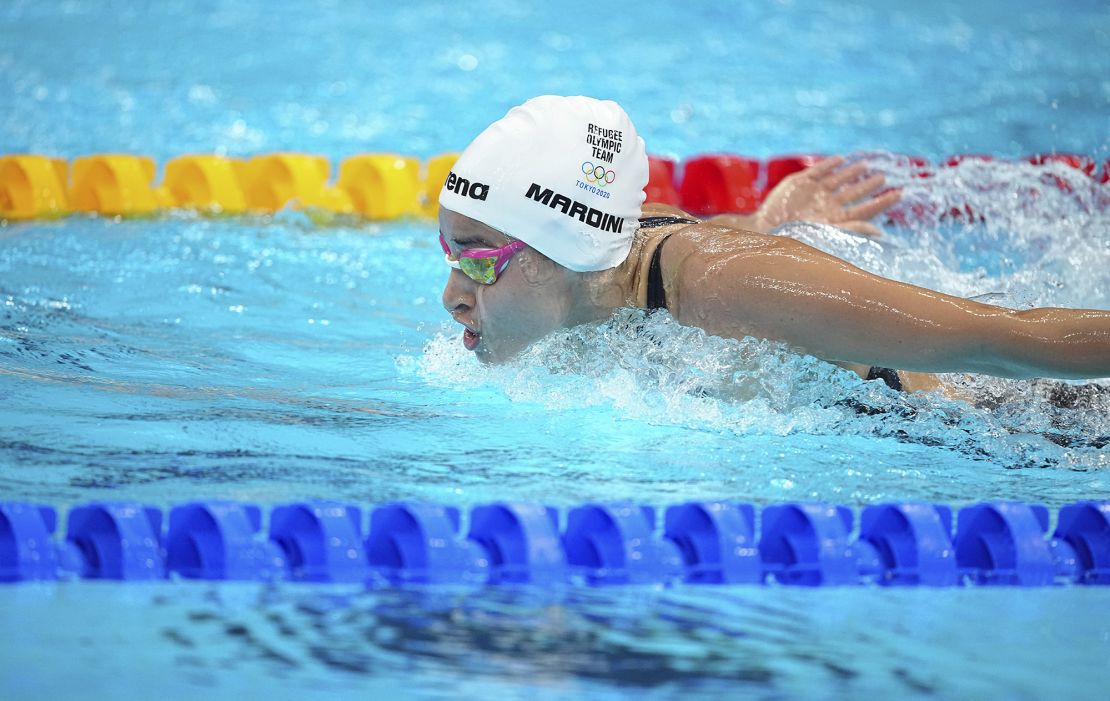 Yusra Mardini competes in the heats for the 100m butterly at the 2020 Olympics in Tokyo.