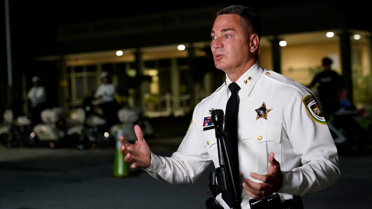 Hillsborough County, Fla., Sheriff Chad Chronister speaks to the media before the first day of school at Sessums Elementary School Tuesday, Aug. 10, 2021, in Riverview, Fla.