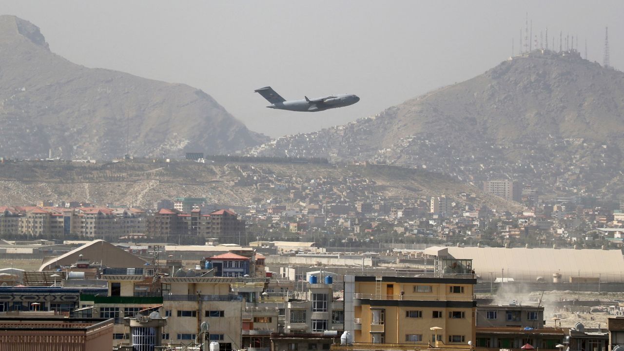 U.S military aircraft takes off at the Hamid Karzai International Airport in Kabul, Afghanistan, Saturday, Aug. 28, 2021.  The massive U.S.-led airlift was winding down Saturday ahead of a U.S. deadline to withdraw from Afghanistan by Tuesday. Most allies have completed their own airlifts and flown out after 20 years of deployment in the country.(AP Photo/Wali Sabawoon)