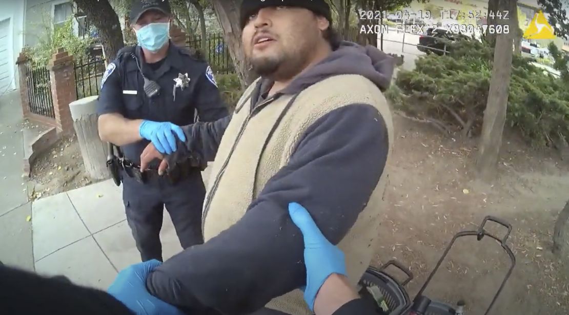 Mario Gonzalez, 26, seen in a screengrab while in police custody on April 19, 2021, in Alameda, California. The video goes on to show officers pinning Gonzalez to the ground during the arrest.