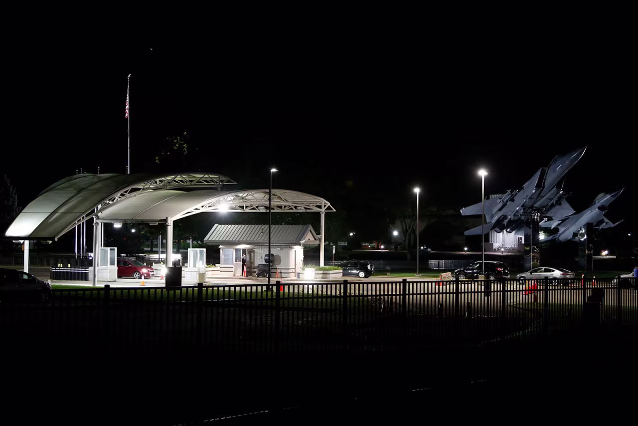 The main gate of Wright-Patterson Air Force Base is seen on September 10, 2021, in Dayton, Ohio. Base employees now impacted by the government shutdown make up a huge share of Dayton's residents.