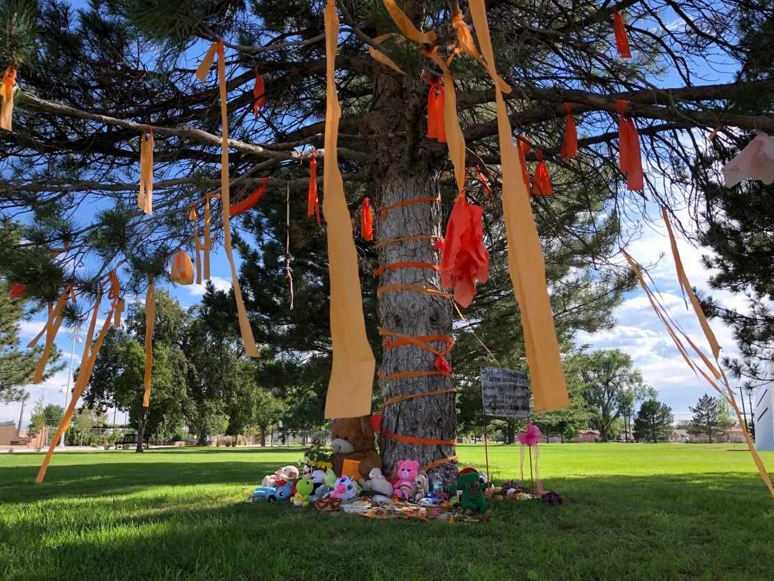 A makeshift memorial for dozens of Indigenous children who died more than a century ago, while attending a boarding school that was once located in Albuquerque, New Mexico, in July 2021.
