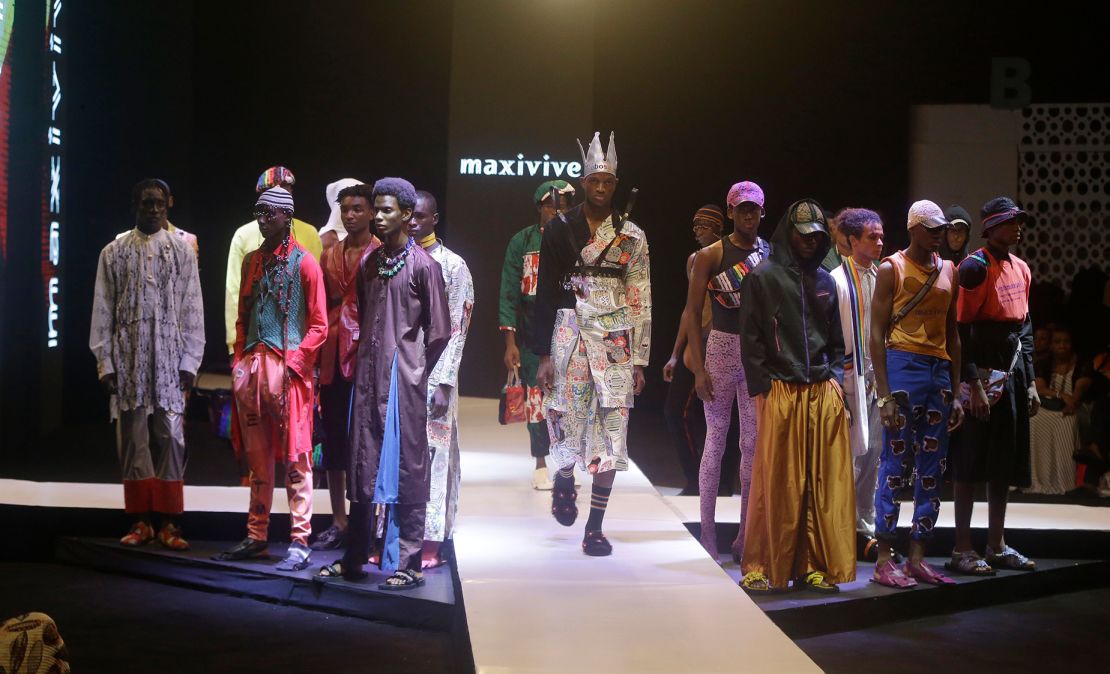 Models walking for Maxivive during Lagos Fashion Week in October 2021.