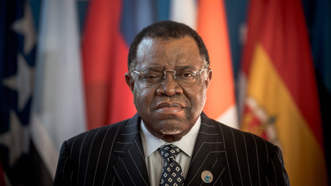 Namibia's President Hage Geingob poses as he arrives for the 75th anniversary celebrations of The United Nations Educational, Scientific and Cultural Organization (UNESCO) at UNESCO headquarters in Paris on November 12, 2021. (Sipa via AP Images)