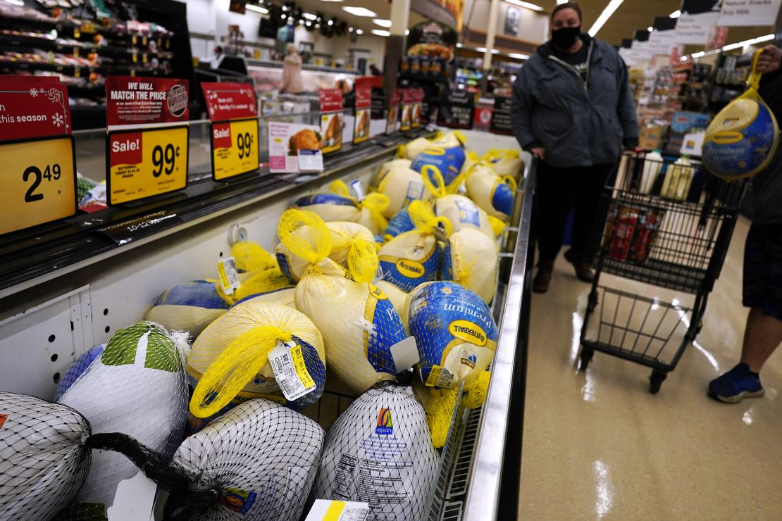 People shop for frozen turkeys for Thanksgiving dinner in Mount Prospect, Illinois, on November 17, 2021.