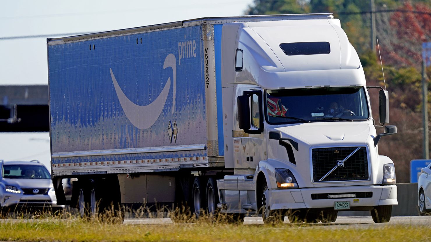 An Amazon Prime truck navigates Interstate 40 near Mebane, North Carolina