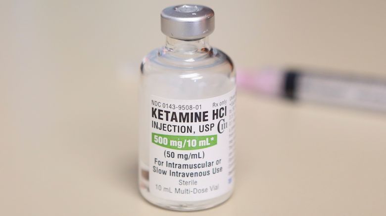 FILE - This photo shows a vial of ketamine, which is normally stored in a locked cabinet, July 25, 2018 in Chicago. Colorado's health department says emergency workers should not use a condition involving erratic behavior by people as a reason to inject them with the drug ketamine. Most states and ambulance agencies can use ketamine when people exhibit the condition called excited delirium. (AP Photo/Teresa Crawford, File)