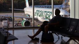 Frontier Airlines plane seen at Cancun International Airport. On Wednesday, December 08, 2021, in Cancun International Airport, Cancun, Quintana Roo, Mexico. (Photo by Artur Widak/NurPhoto via AP)