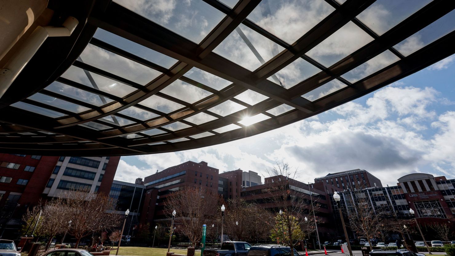The sun shines through an awning at The University of Alabama at Birmingham Women's and Infant Center in Birmingham, Alabama, on Wednesday, March 23, 2022.