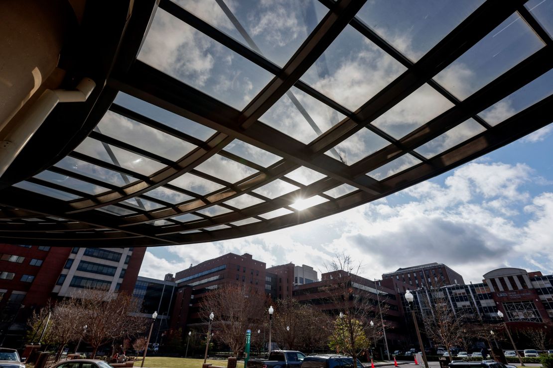 The sun shines through an awning at The University of Alabama at Birmingham Women's and Infant Center in Birmingham, Alabama, on March 23, 2022. (AP Photo/Butch Dill)