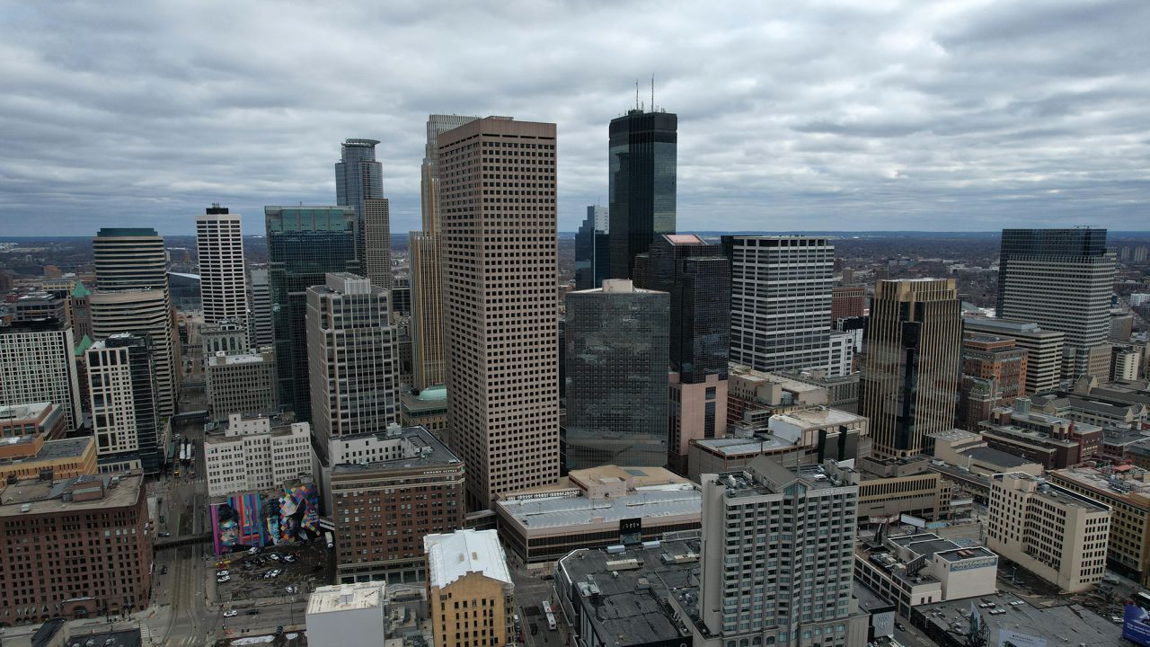 An aerial view of the downtown Minneapolis skyline Thursday, Mar. 31, 2022, in Minneapolis.
