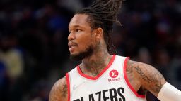 Portland Trail Blazers guard Ben McLemore works against the Dallas Mavericks during an NBA basketball game Friday, April 8, 2022, in Dallas. (AP Photo/Tony Gutierrez)
