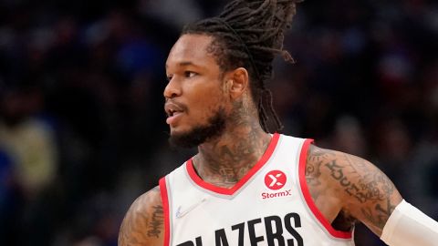 Portland Trail Blazers guard Ben McLemore works against the Dallas Mavericks during an NBA basketball game Friday, April 8, 2022, in Dallas. (AP Photo/Tony Gutierrez)
