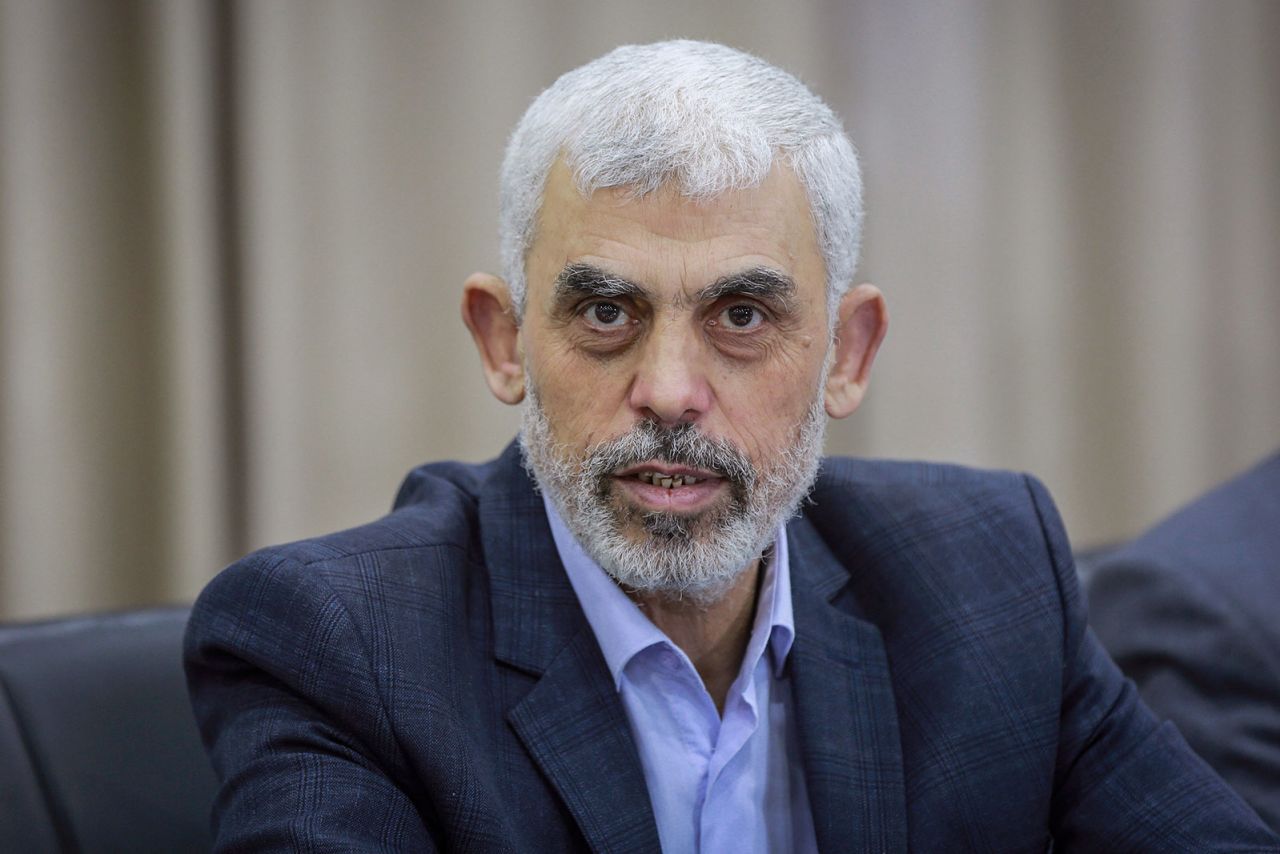 Yahya Sinwar, leader of the Palestinian Hamas movement, hosts a meeting in Gaza on April 13, 2022.