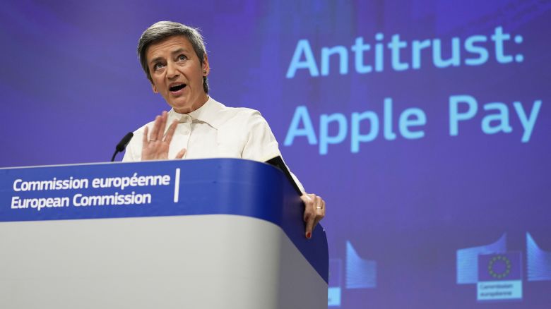 EU competition chief Margrethe Vestager addresses media, following an investigation into Apple Pay, in Brussels in May 2022.