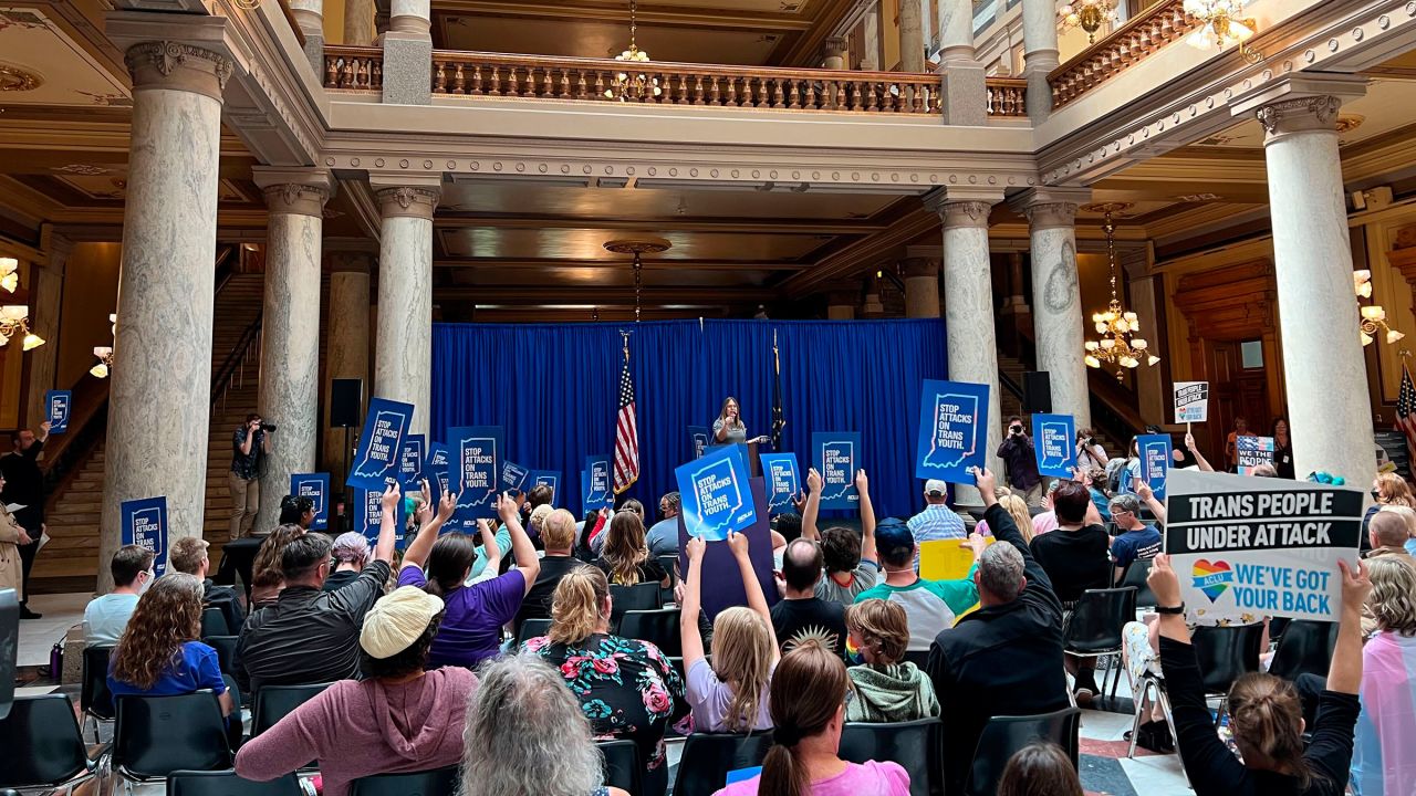 Kit Malone, an advocacy strategist with the American Civil Liberties Union of Indiana, leads a rally at the statehouse in Indianapolis on Tuesday, May 24, 2022.