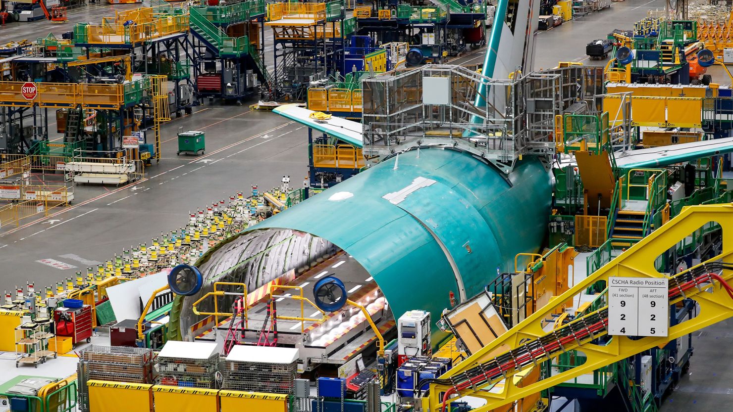 The rear fuselage section of a 777 freighter is seen at Boeing's Everett, Washington, factory in this 2022 file photo.