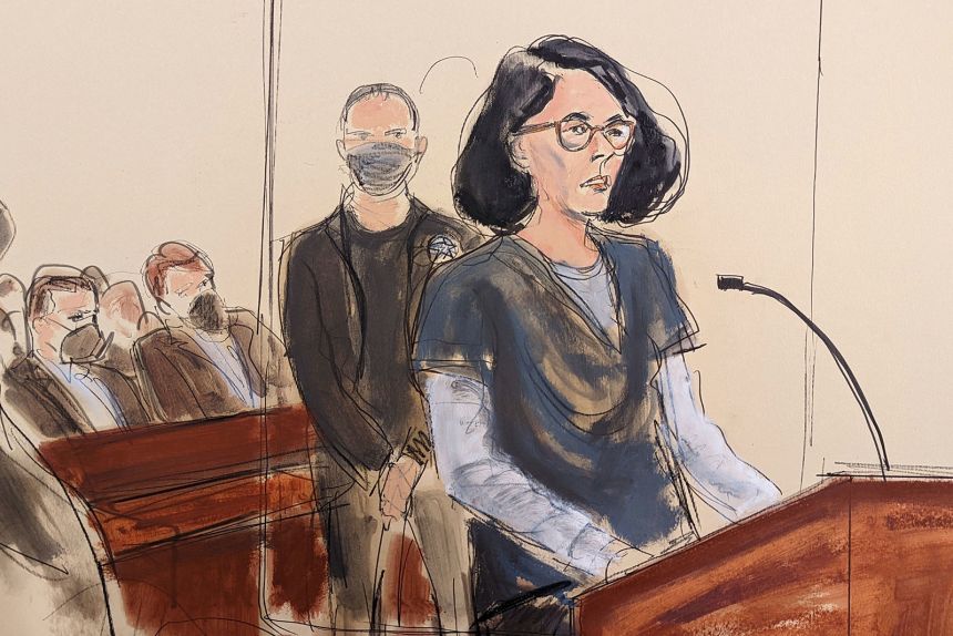 In this courtroom sketch, Ghislaine Maxwell gives her statement in federal court, in New York, on June 28, 2022.