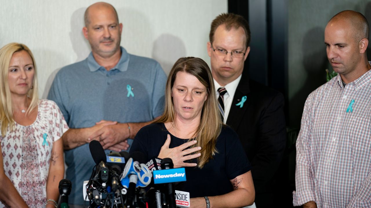 Nichole Schmidt, mother of Gabby Petito, whose death on a cross-country trip has sparked a manhunt for her boyfriend Brian Laundrie, speaks alongside, from left, Tara Petito, stepmother, Joseph Petito, father, Richard Stafford, family attorney, and Jim Schmidt, stepfather, during a news conference, Tuesday, Sept. 28, 2021, in Bohemia, N.Y. A Florida judge has refused to dismiss a lawsuit, Friday, July 1, 2022, in which the parents of Gabby Petito claim that Brian Laundrie told his parents he had killed her before he returned home alone from their western trip.