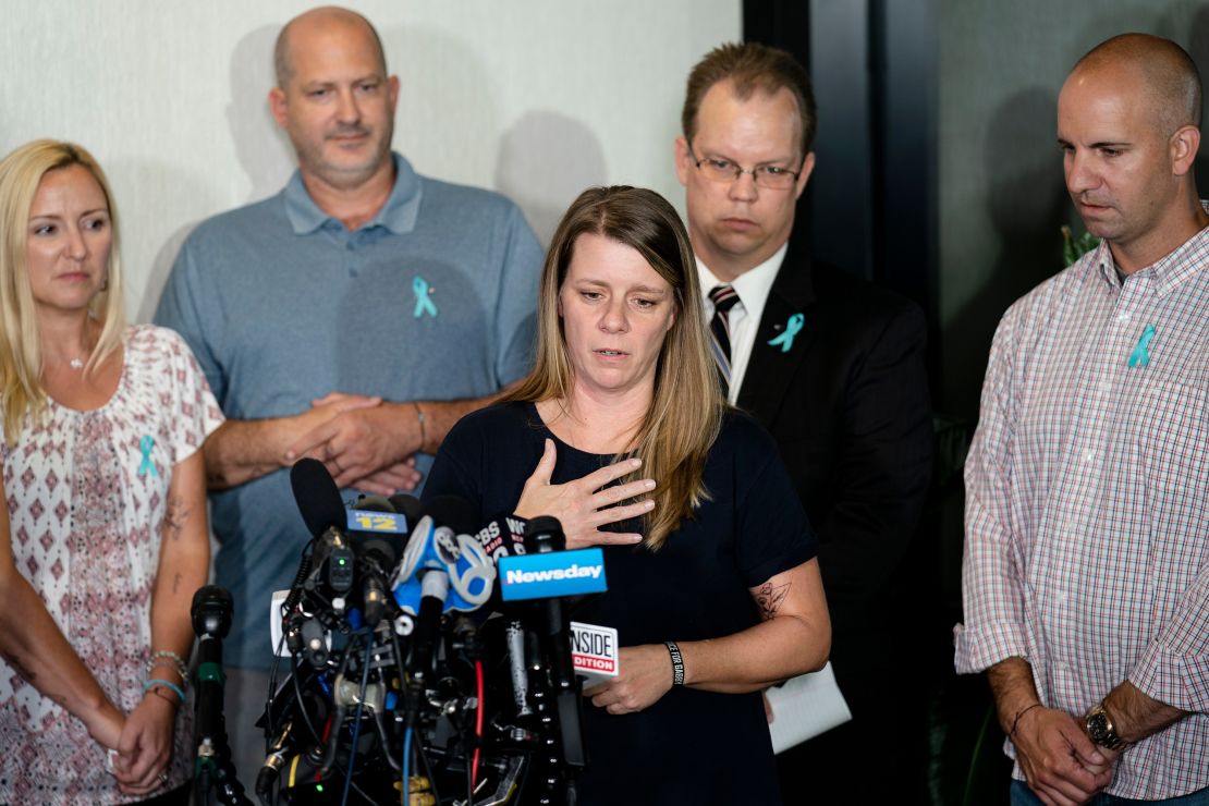 Nichole Schmidt, mother of Gabby Petito, speaks alongside, from left, Tara Petito, Petito's stepmother; Joseph Petito, her father; Richard Stafford, the family's attorney; and Jim Schmidt, her stepfather; during a news conference in September 2021 in Bohemia, New York.