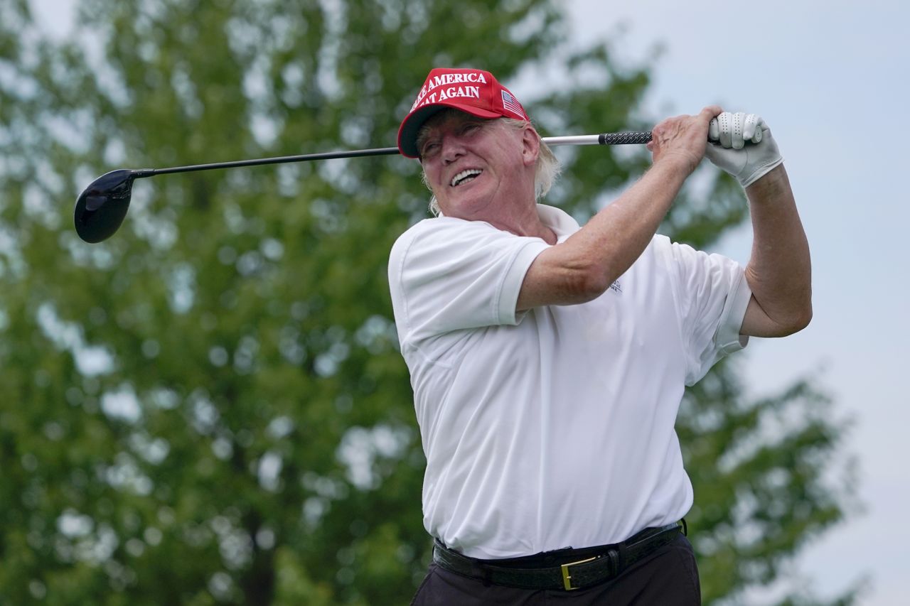 President elect Donald Trump plays during the pro-am round of the Bedminster Invitational LIV Golf tournament in Bedminster, New Jersey, on July 28, 2022.