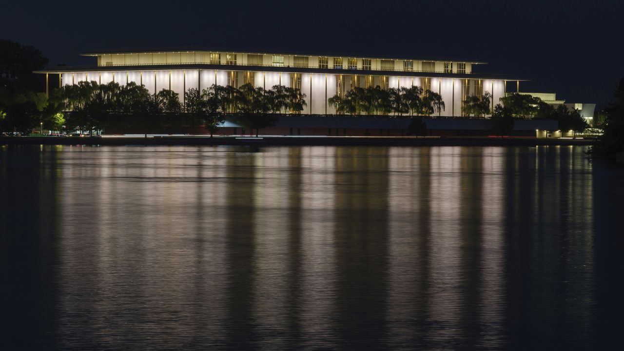 The John F. Kennedy Center for the Performing Arts is reflected in the Potomac River in Washington, Saturday, Sep. 24, 2022.