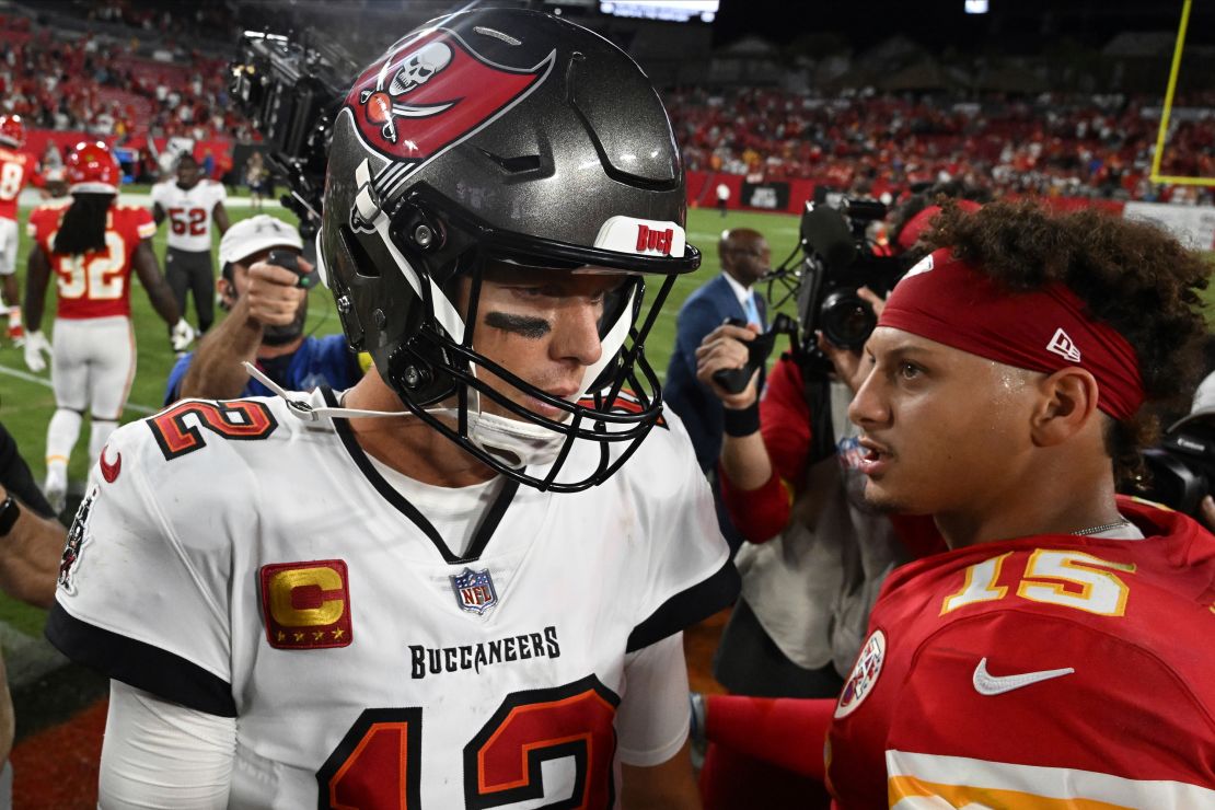 Brady and Mahomes meet after a game in 2022.