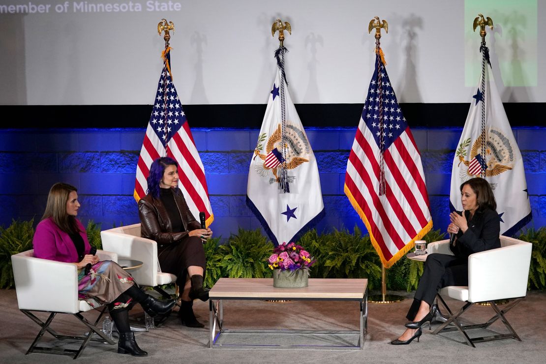 From left, Minnesota Lt. Gov. Peggy Flanagan, podcast host Emily Tisch Sussman and Harris speak about reproductive rights during an event in St. Paul on Oct. 22, 2022.